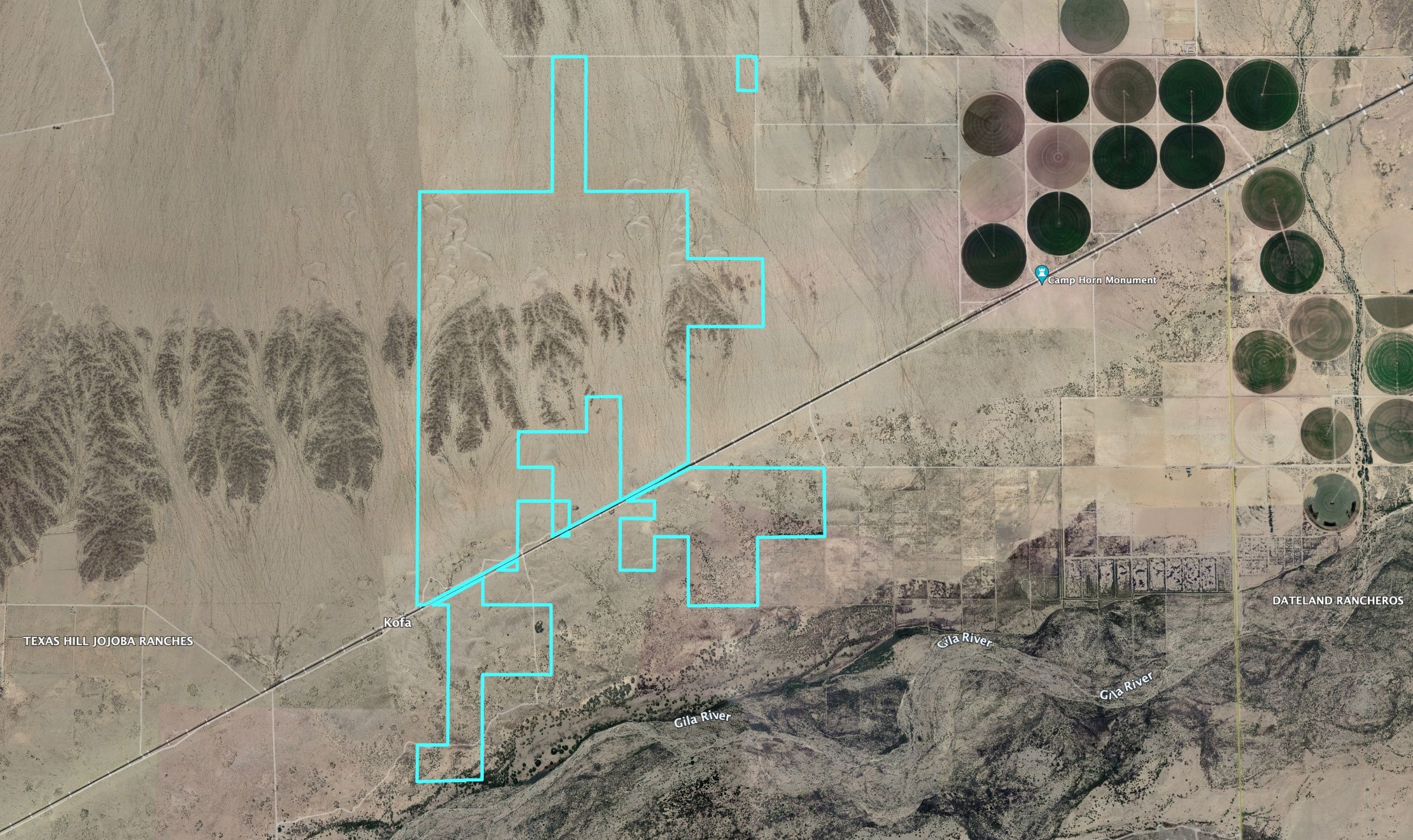 A birds eye view of land with a blue outline